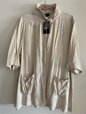Red Coral Linen-Blend Cream Button-Front Jacket with Pockets